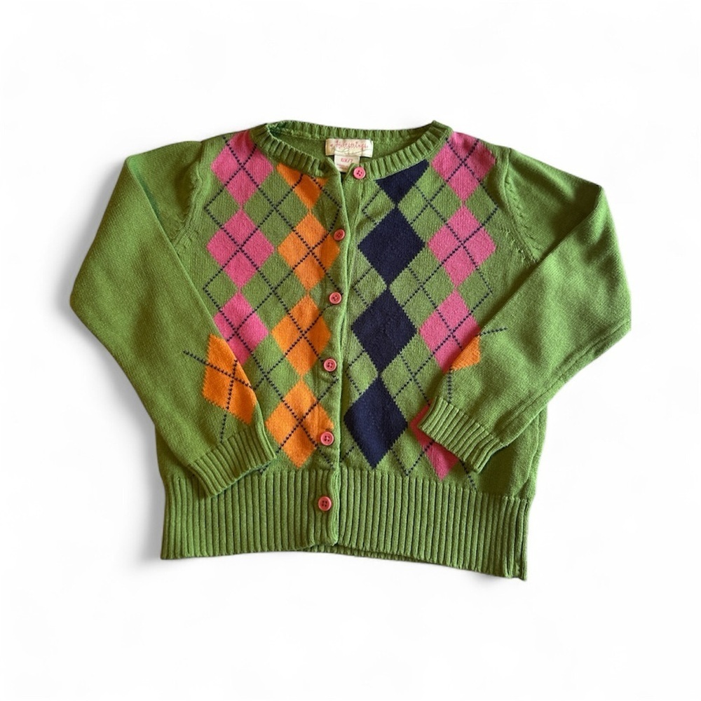 Hartstrings Green Argyle Cardigan with Pink and Orange Accents